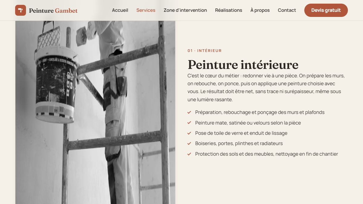 Page des prestations du site Peinture Gambet